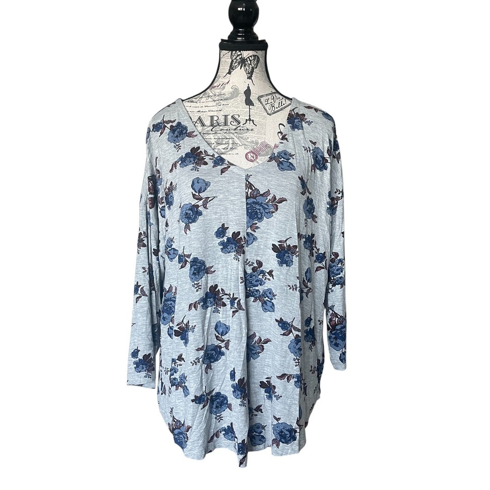 Laura Scott Women's Blue Floral Long Sleeve V-Neck‎ Top Sz L